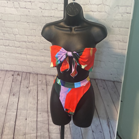 NEOT SHELN SWIMSUIT GRAPHIC TIE FRONT BANDEAU AND HIGH WAIST PANTY BIKINI - Picture 1 of 13